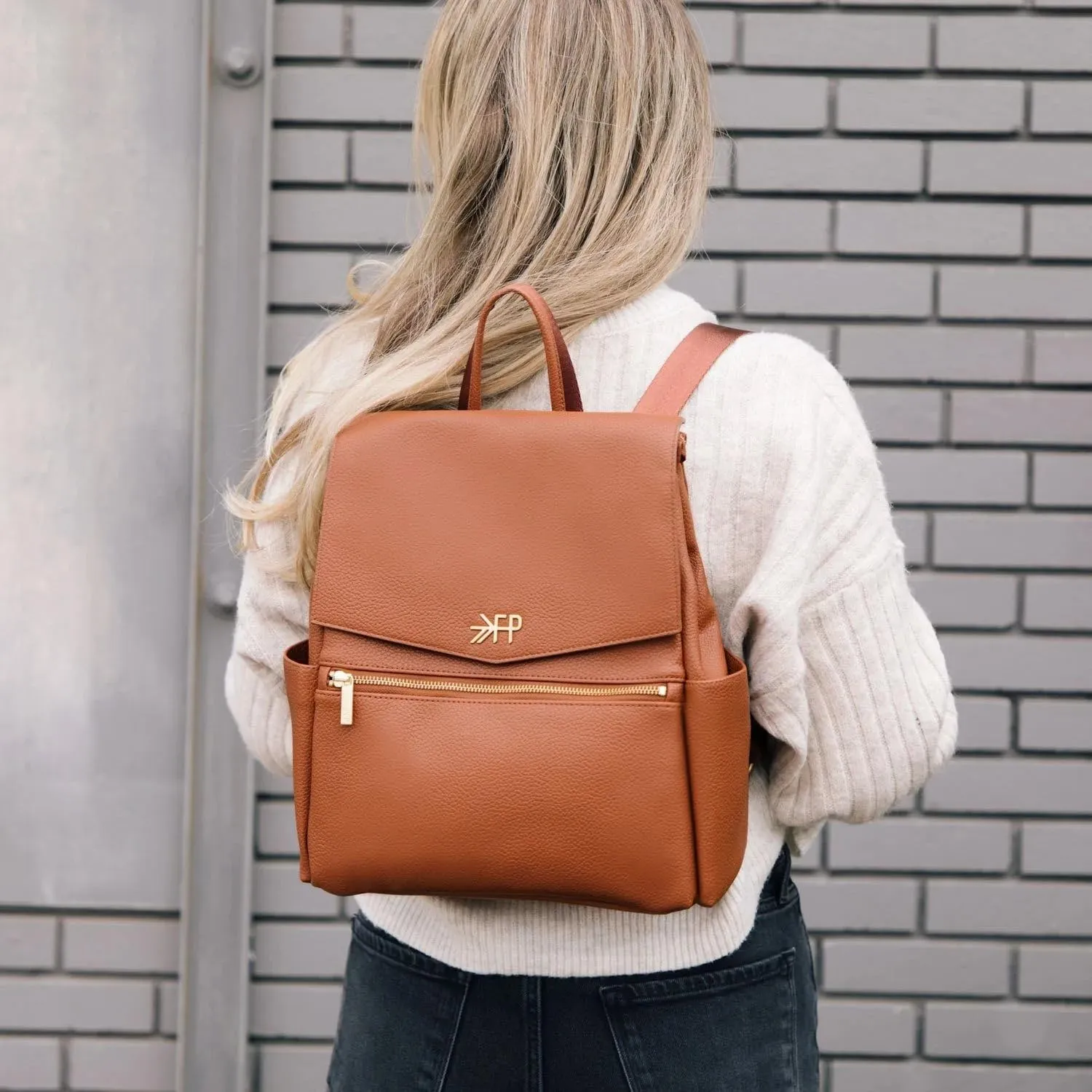 Freshly Picked Mini Classic Diaper Bag Backpack, Wipeable Vegan Leather, 8 Pockets Total (Cognac)