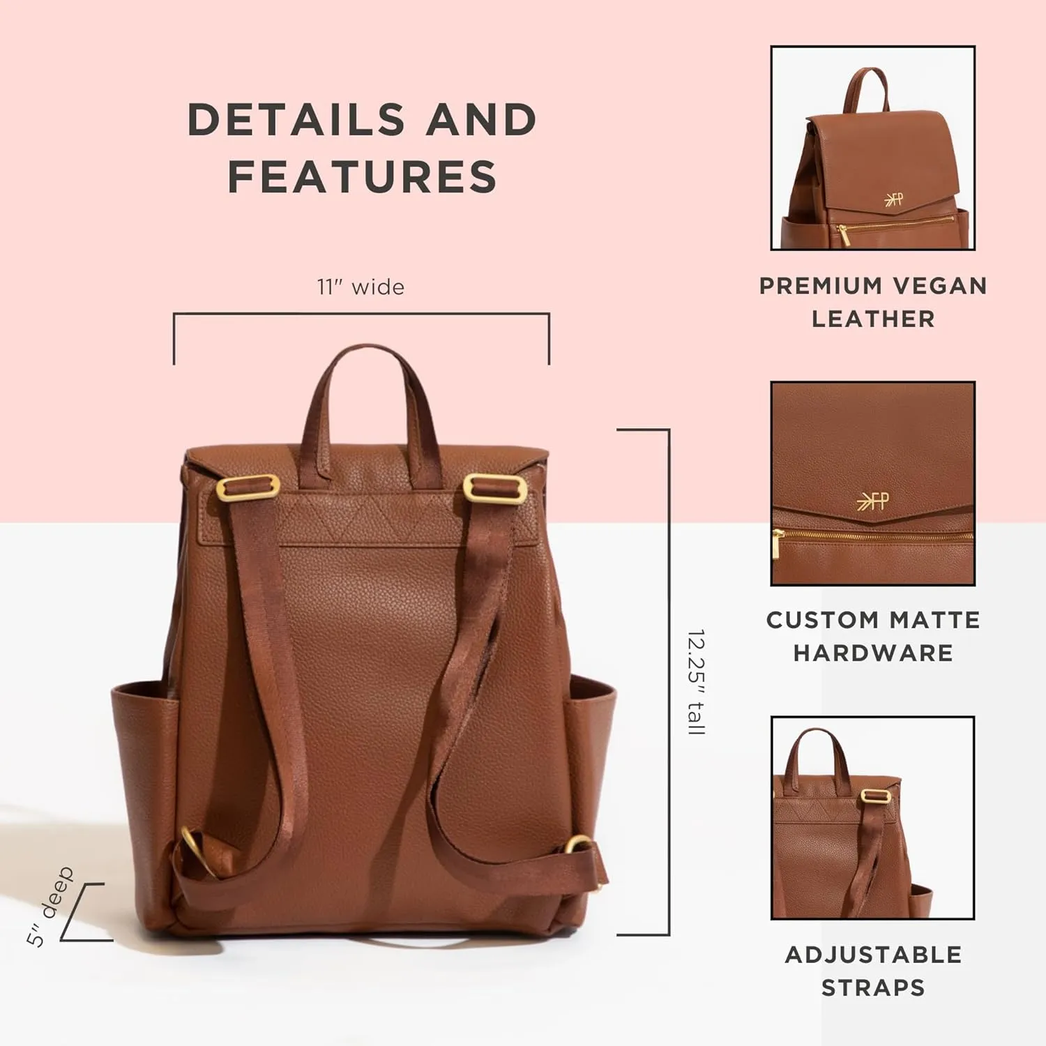 Freshly Picked Mini Classic Diaper Bag Backpack, Wipeable Vegan Leather, 8 Pockets Total (Cognac)