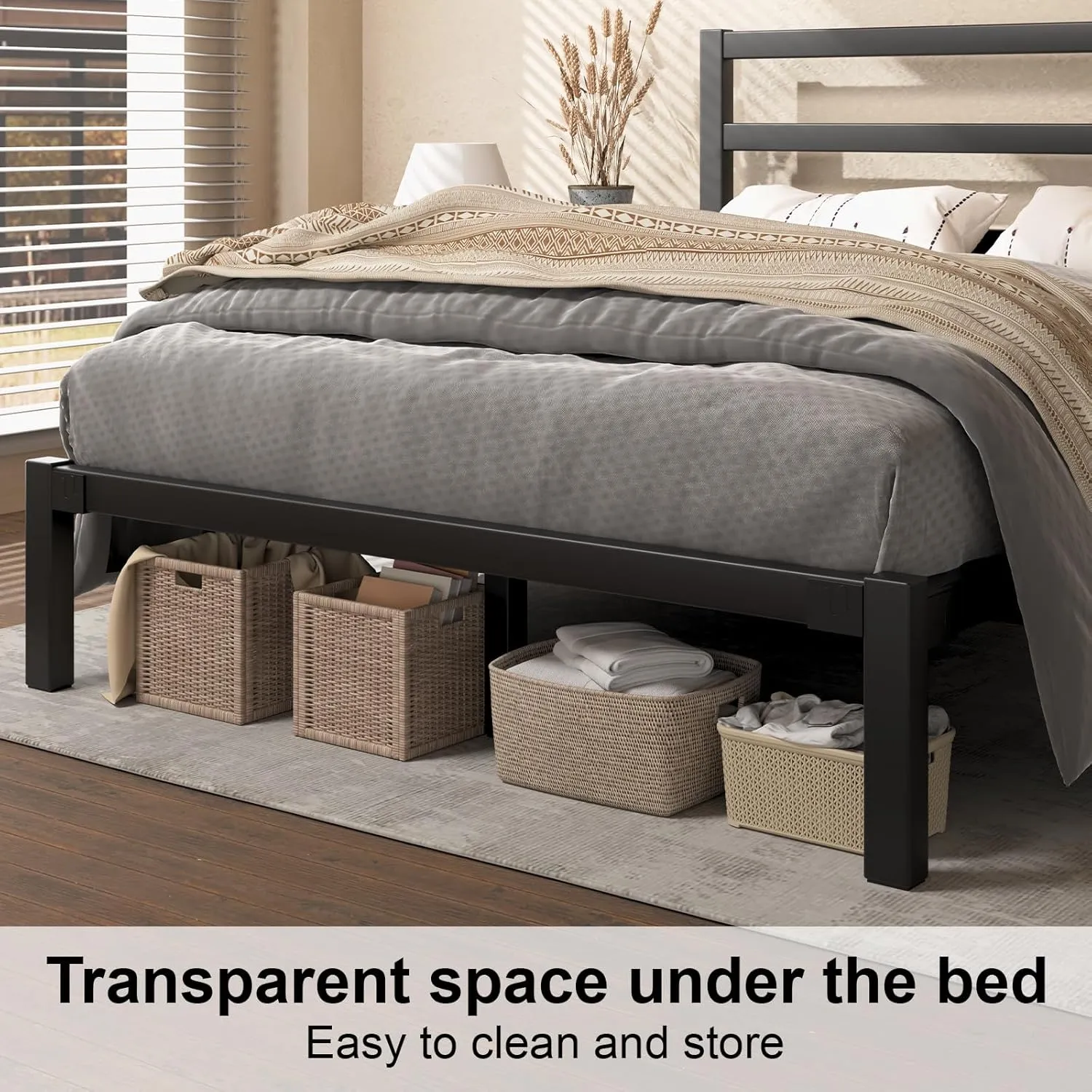 Full Size Bed Frame, Metal Platform Bed Frame with Headboard, Underbed Storage Space,Easy Assembly,No Box Spring Needed,Modern, Black
