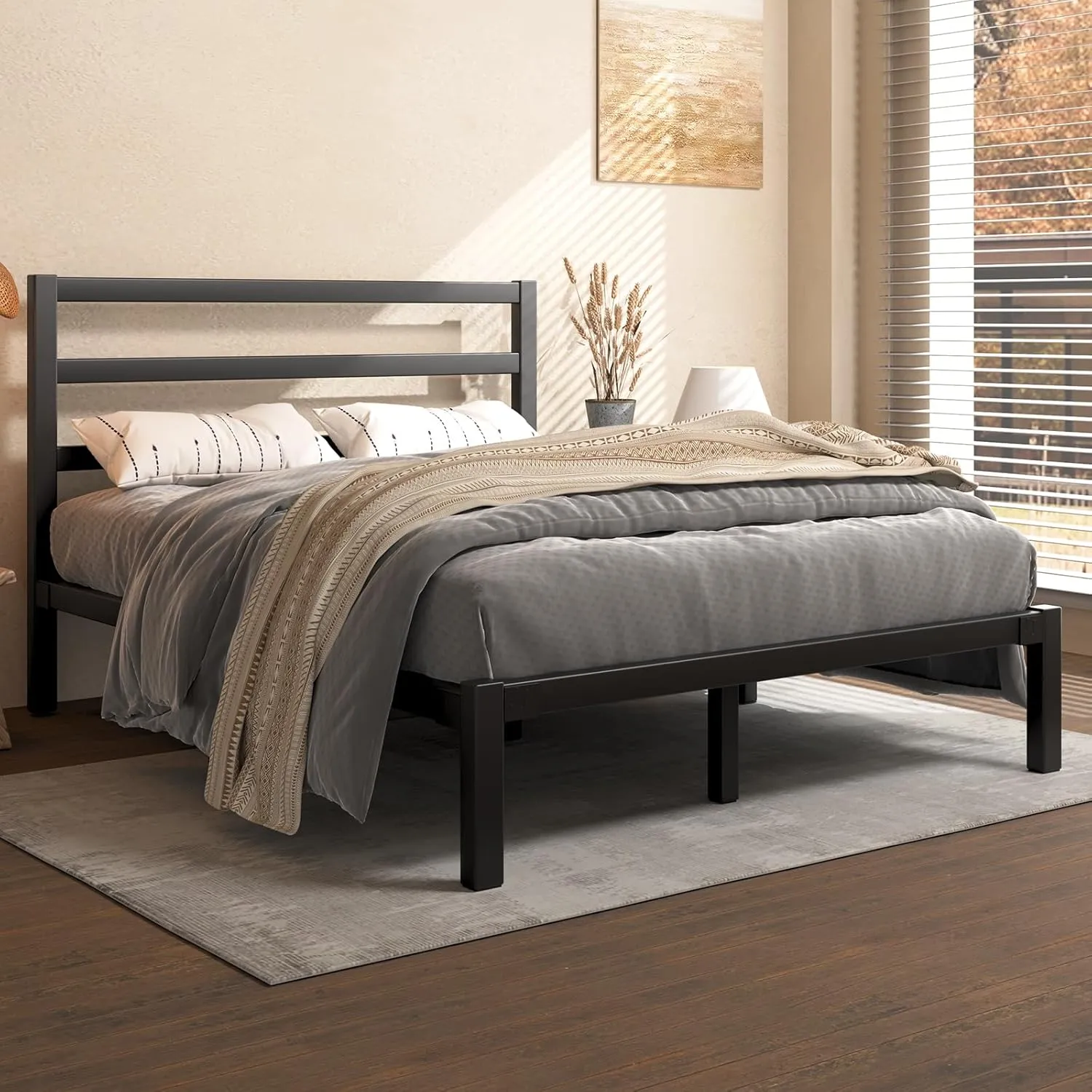 Full Size Bed Frame, Metal Platform Bed Frame with Headboard, Underbed Storage Space,Easy Assembly,No Box Spring Needed,Modern, Black