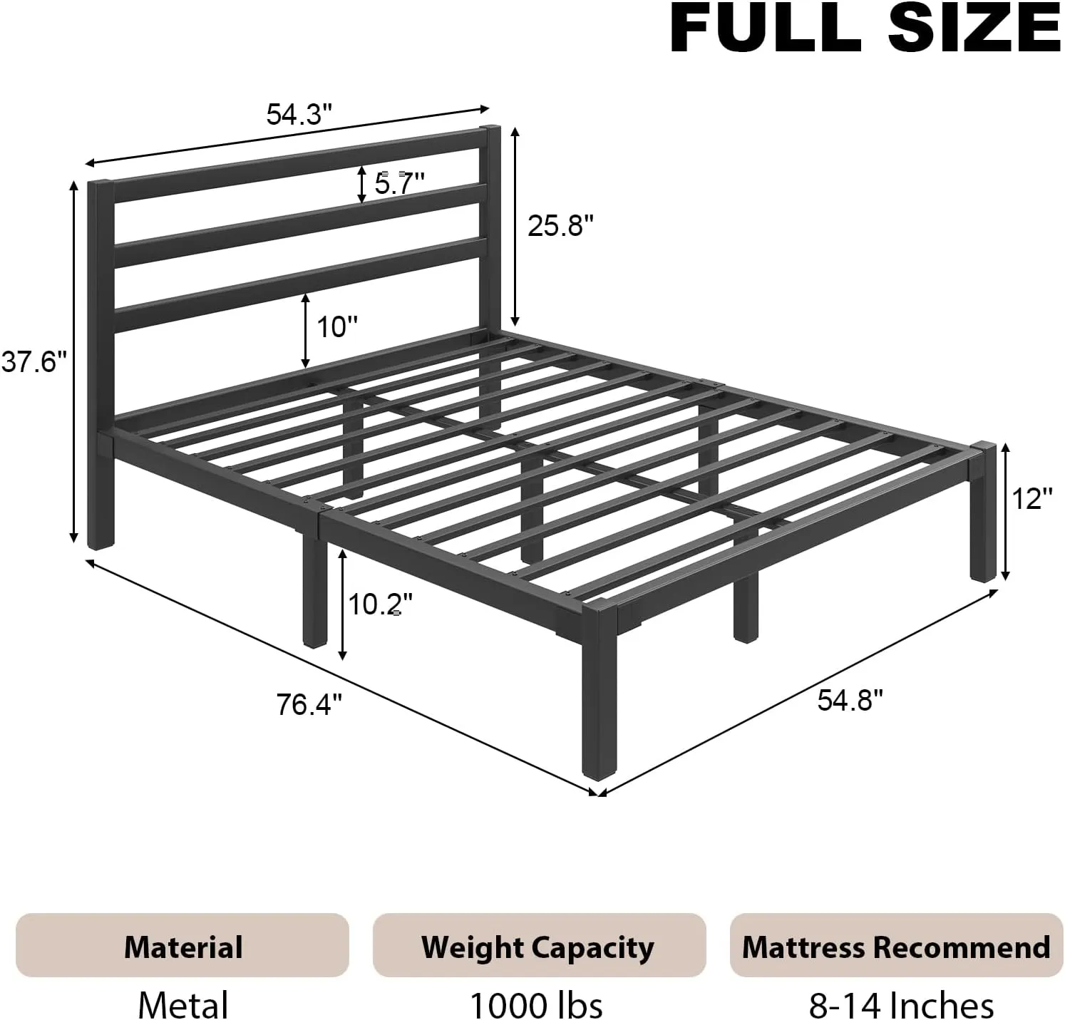 Full Size Bed Frame, Metal Platform Bed Frame with Headboard, Underbed Storage Space,Easy Assembly,No Box Spring Needed,Modern, Black