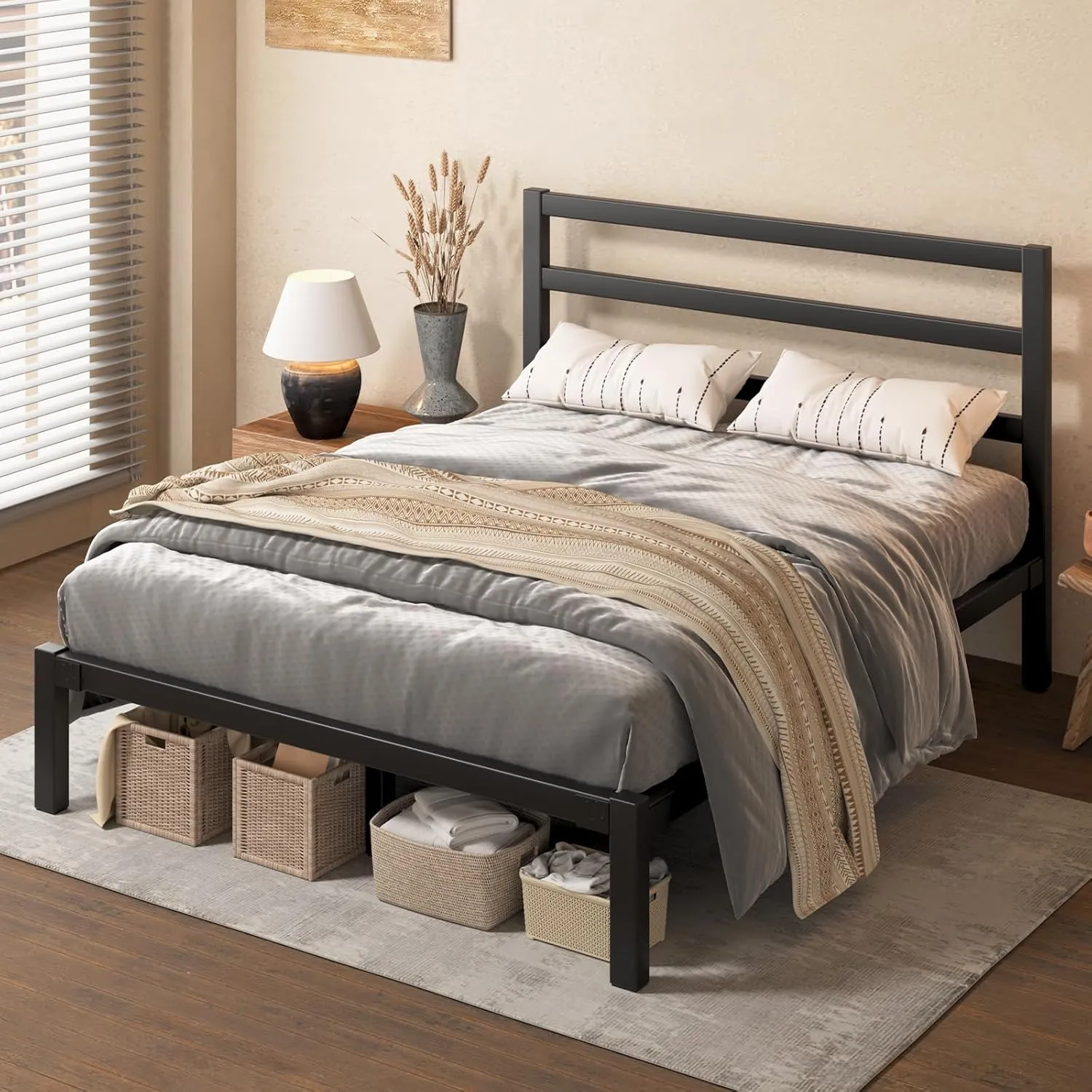 Full Size Bed Frame, Metal Platform Bed Frame with Headboard, Underbed Storage Space,Easy Assembly,No Box Spring Needed,Modern, Black