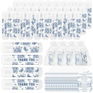 Fumete 50 Pcs Blue Floral Chinoiserie Lip Balm Favors Bulk, Wedding Thank You Gift Set with Organza Bags and Cards, Baby Shower Favors, Bridal Shower Party Return Gifts for Guests