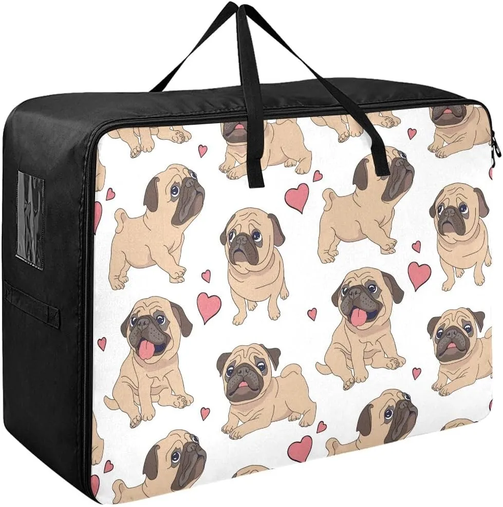 Funny Pugs White Storage Bag, 27.5x19.7x11 In, Reusable and Sustainable Zippered Storage Bag for Moving