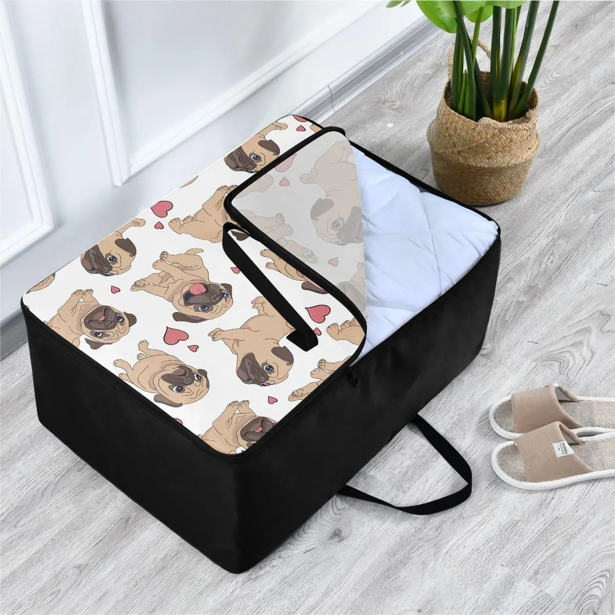Funny Pugs White Storage Bag, 27.5x19.7x11 In, Reusable and Sustainable Zippered Storage Bag for Moving