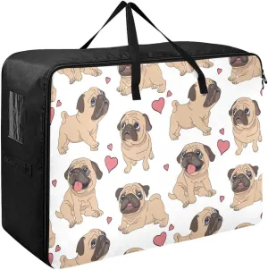 Funny Pugs White Storage Bag, 27.5x19.7x11 In, Reusable and Sustainable Zippered Storage Bag for Moving