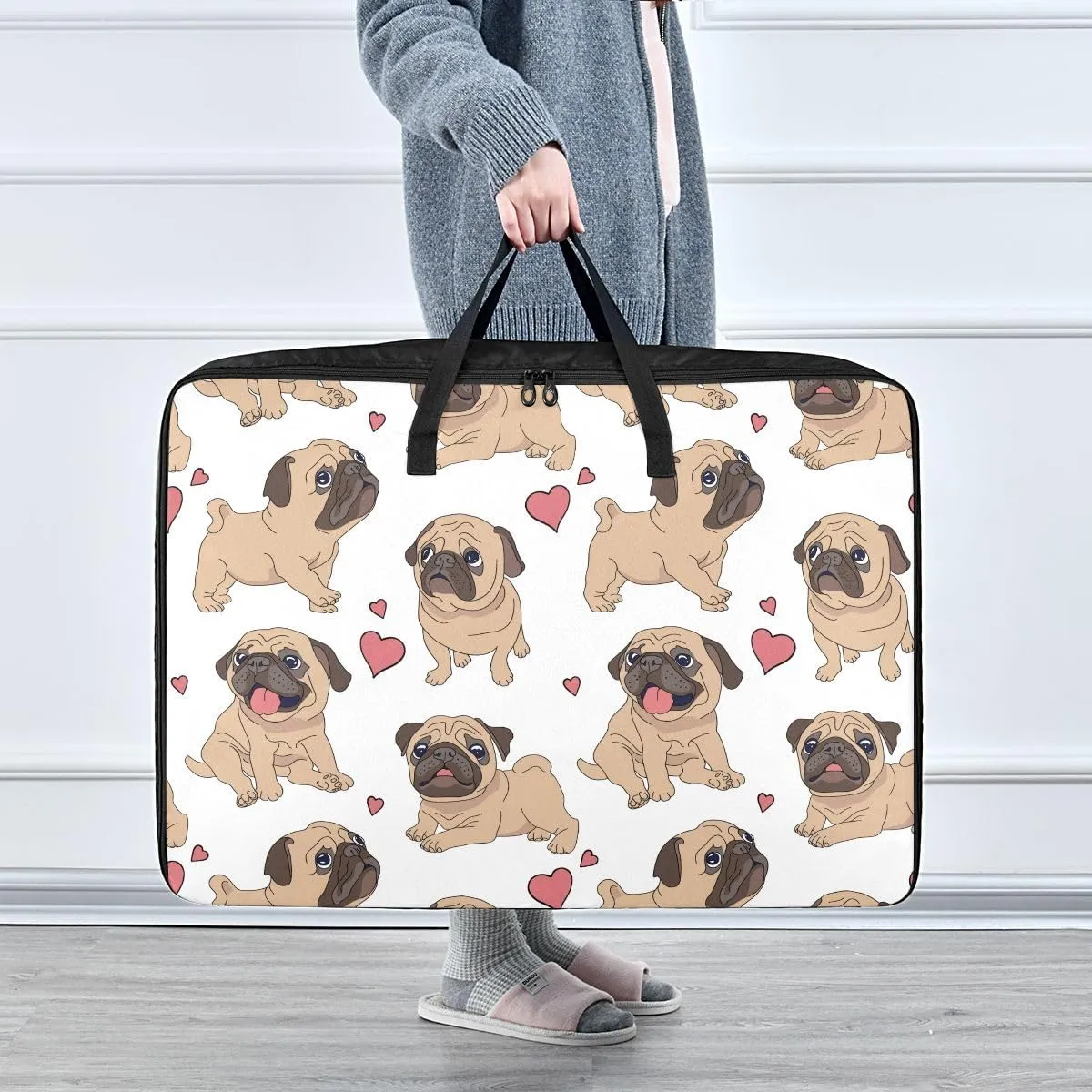 Funny Pugs White Storage Bag, 27.5x19.7x11 In, Reusable and Sustainable Zippered Storage Bag for Moving