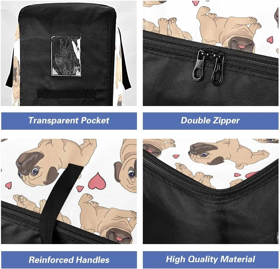 Funny Pugs White Storage Bag, 27.5x19.7x11 In, Reusable and Sustainable Zippered Storage Bag for Moving