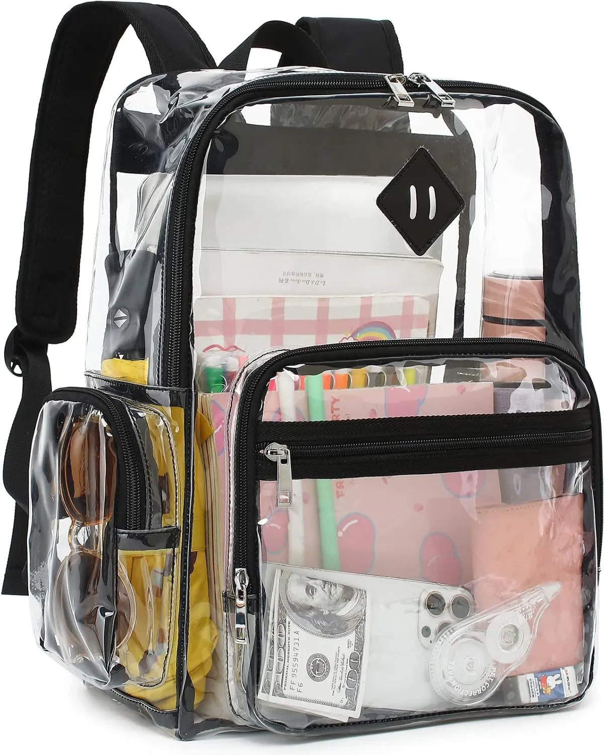 Fuyicat Heavy Duty Clear Backpack for Girls Boys Women Men, PVC Transparent School Backpacks See Through College Bookbag (Black)