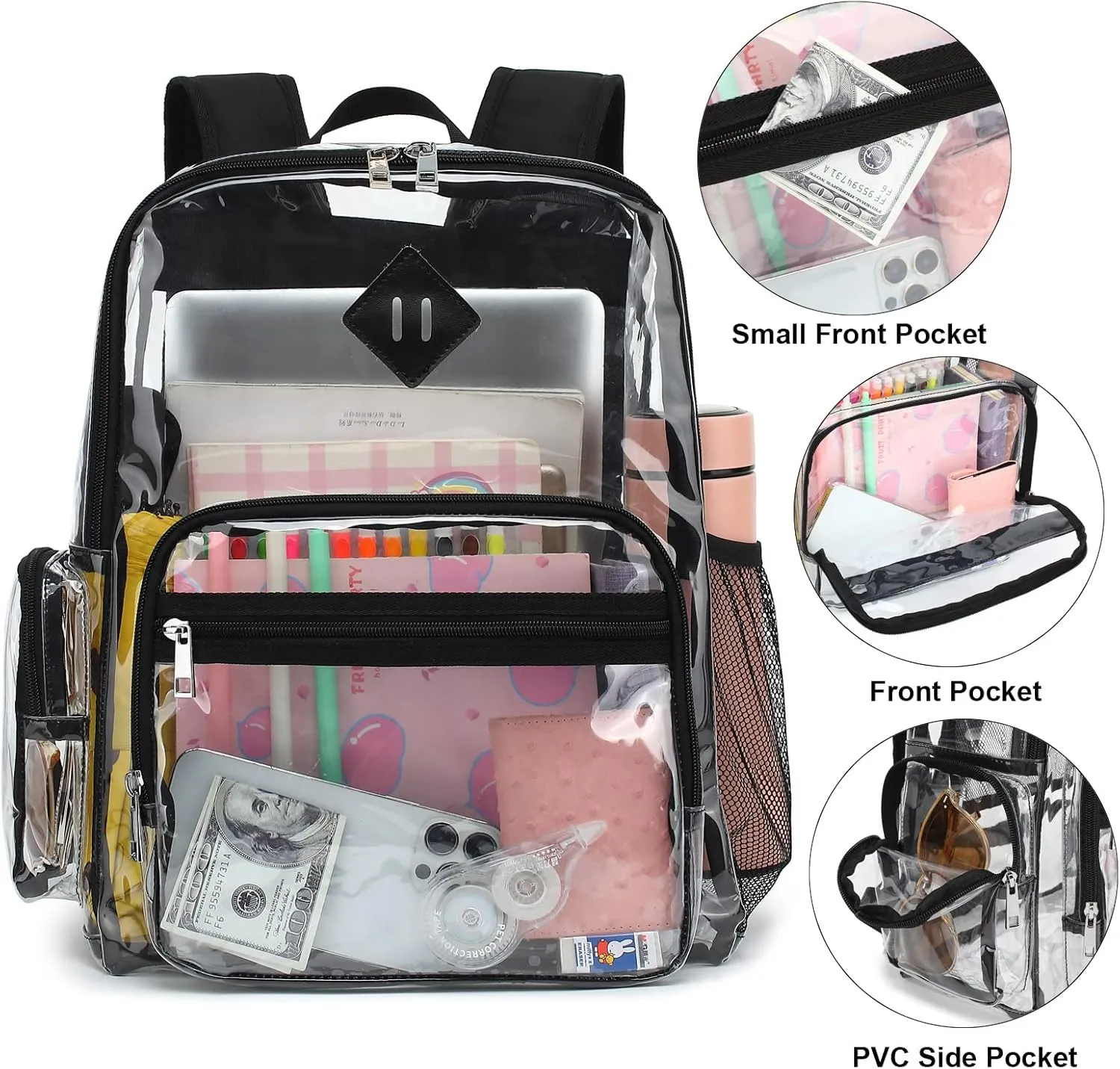 Fuyicat Heavy Duty Clear Backpack for Girls Boys Women Men, PVC Transparent School Backpacks See Through College Bookbag (Black)