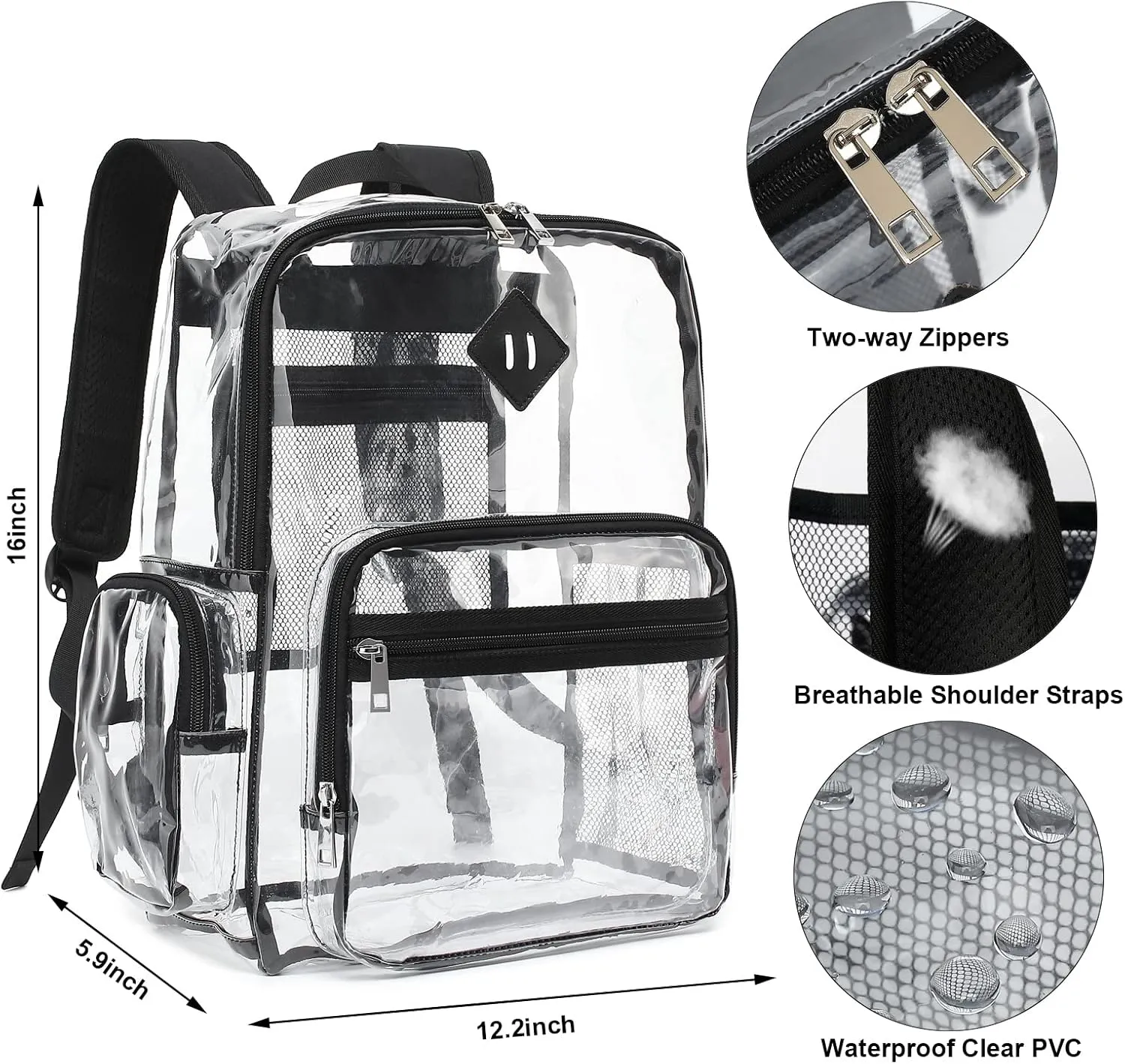 Fuyicat Heavy Duty Clear Backpack for Girls Boys Women Men, PVC Transparent School Backpacks See Through College Bookbag (Black)