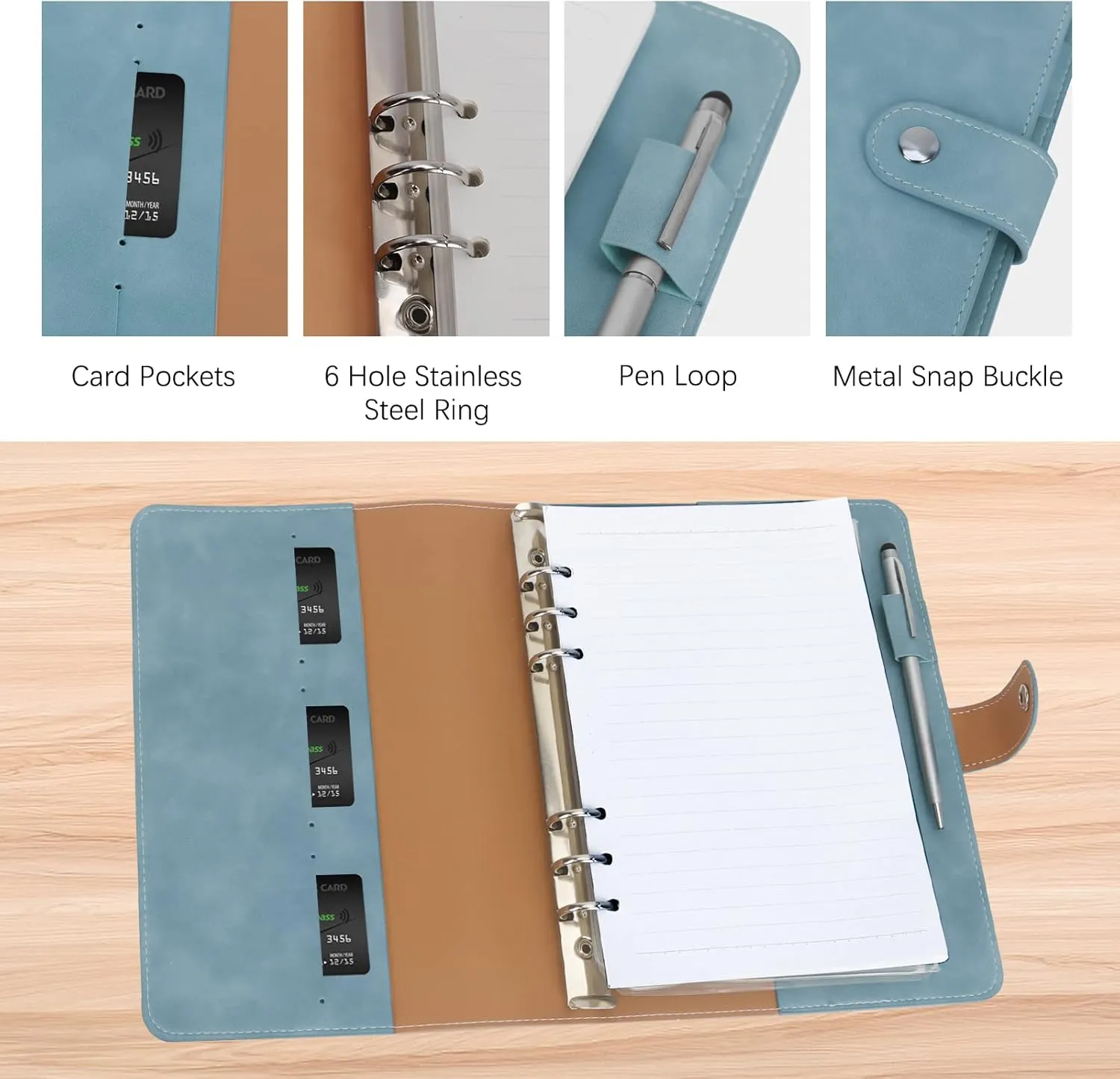 FYY A5 Binder Refillable Planner Notebook 6 Ring PU Leather Binder Journal with Pockets, Dividers, Refill Paper Blue