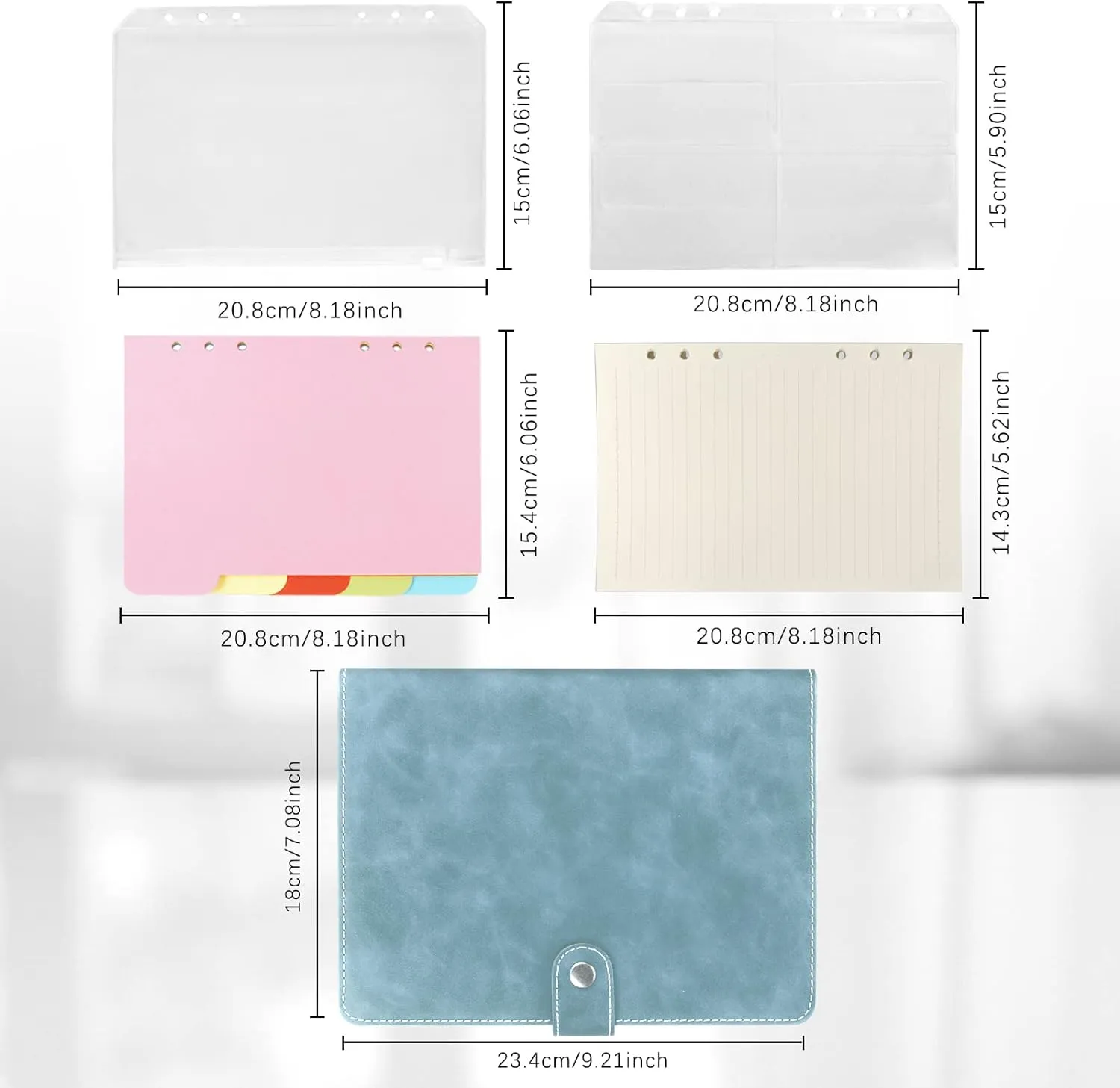 FYY A5 Binder Refillable Planner Notebook 6 Ring PU Leather Binder Journal with Pockets, Dividers, Refill Paper Blue