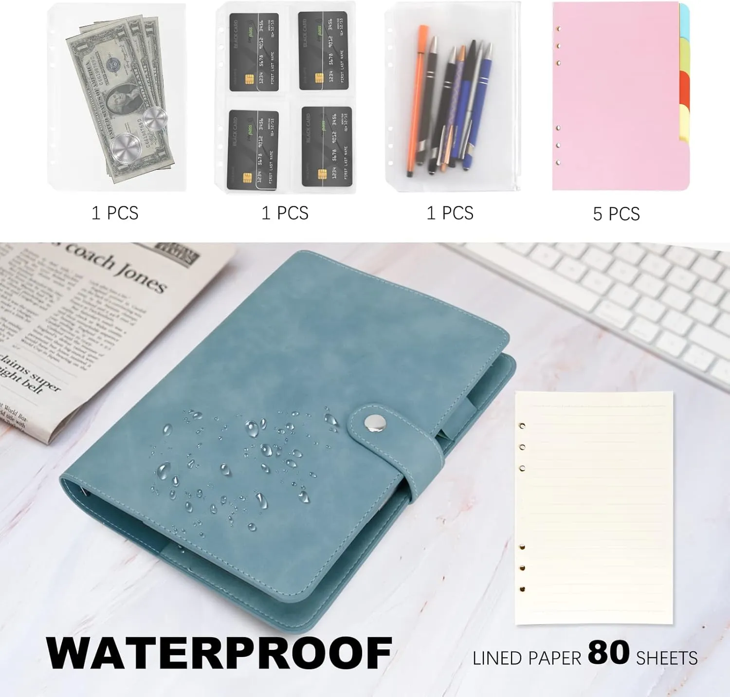 FYY A5 Binder Refillable Planner Notebook 6 Ring PU Leather Binder Journal with Pockets, Dividers, Refill Paper Blue