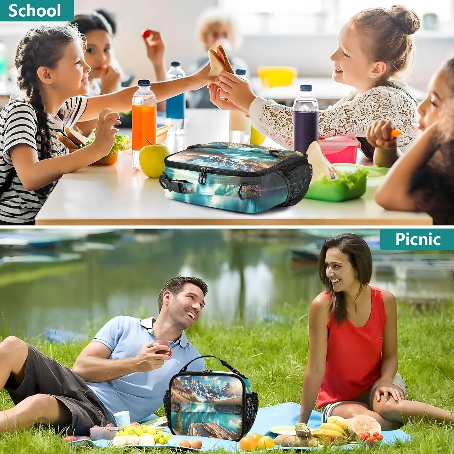 GAIGEO Scenic Landscape Painting Lunch Box for Women Girls Lunch Bag with Shoulder Strap Mens Kids Lunchbox for Work School Funny Cute Cooler Bag Insulated