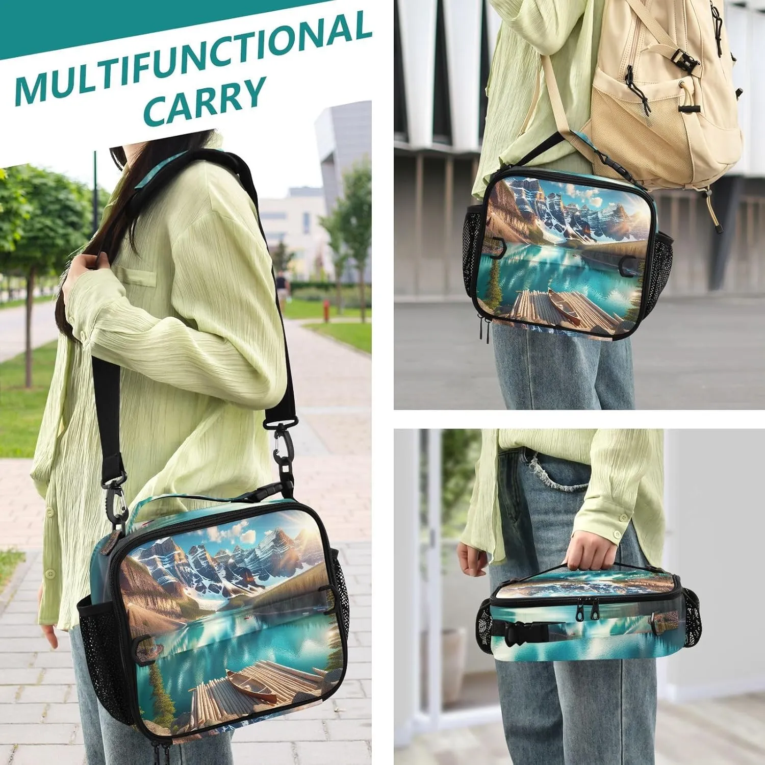GAIGEO Scenic Landscape Painting Lunch Box for Women Girls Lunch Bag with Shoulder Strap Mens Kids Lunchbox for Work School Funny Cute Cooler Bag Insulated
