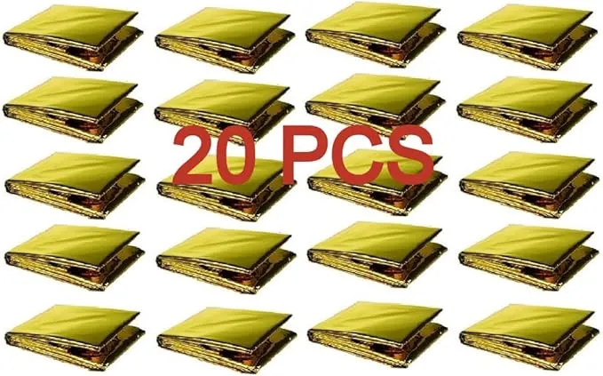 GALAXYLENSE Emergency Mylar Thermal Blanket for Survival First Aid Kits Army Outdoors Hiking Camping Bug Out Trauma Desert All Weather Condition Protection (20 Packs Gold)
