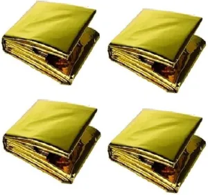 GALAXYLENSE Emergency Mylar Thermal Blanket for Survival First Aid Kits Army Outdoors Hiking Camping Bug Out Trauma Desert All Weather Condition Protection (4 Packs Gold)