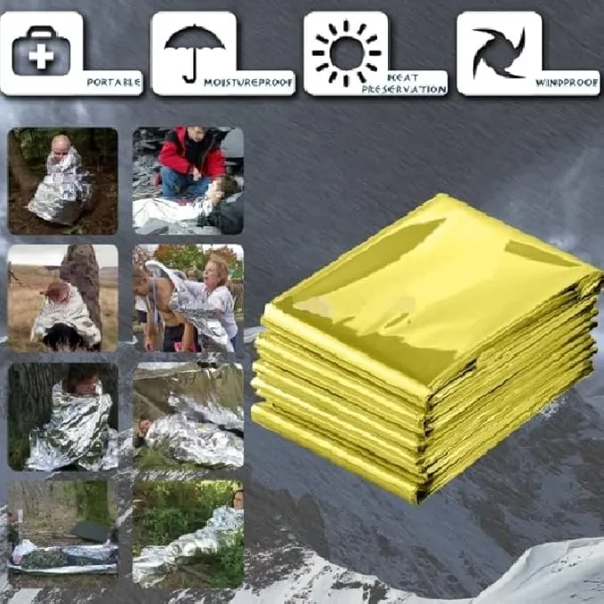 GALAXYLENSE Emergency Mylar Thermal Blanket for Survival First Aid Kits Army Outdoors Hiking Camping Bug Out Trauma Desert All Weather Condition Protection (4 Packs Gold)