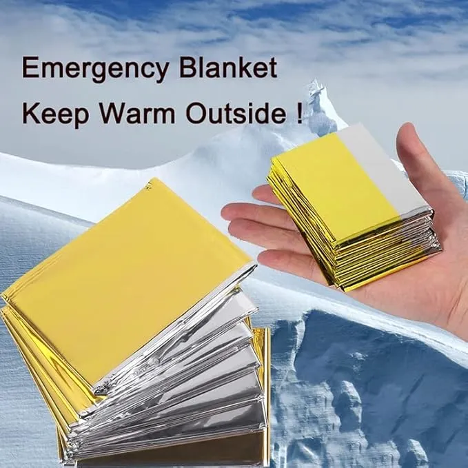 GALAXYLENSE Emergency Mylar Thermal Blanket for Survival First Aid Kits Army Outdoors Hiking Camping Bug Out Trauma Desert All Weather Condition Protection (4 Packs Gold)