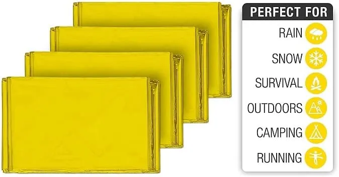 GALAXYLENSE Emergency Mylar Thermal Blanket for Survival First Aid Kits Army Outdoors Hiking Camping Bug Out Trauma Desert All Weather Condition Protection (4 Packs Gold)