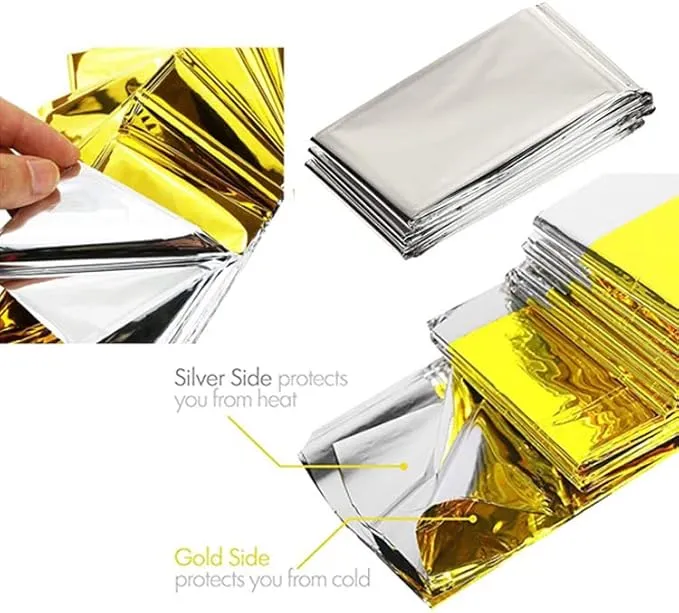 GALAXYLENSE Emergency Mylar Thermal Blanket for Survival First Aid Kits Army Outdoors Hiking Camping Bug Out Trauma Desert All Weather Condition Protection (4 Packs Gold)