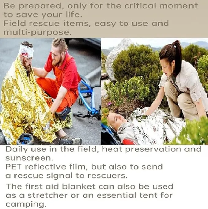 GALAXYLENSE Emergency Mylar Thermal Blanket for Survival First Aid Kits Army Outdoors Hiking Camping Bug Out Trauma Desert All Weather Condition Protection (4 Packs Gold)