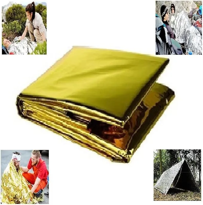 GALAXYLENSE Emergency Mylar Thermal Blanket for Survival First Aid Kits Army Outdoors Hiking Camping Bug Out Trauma Desert All Weather Condition Protection (4 Packs Gold)