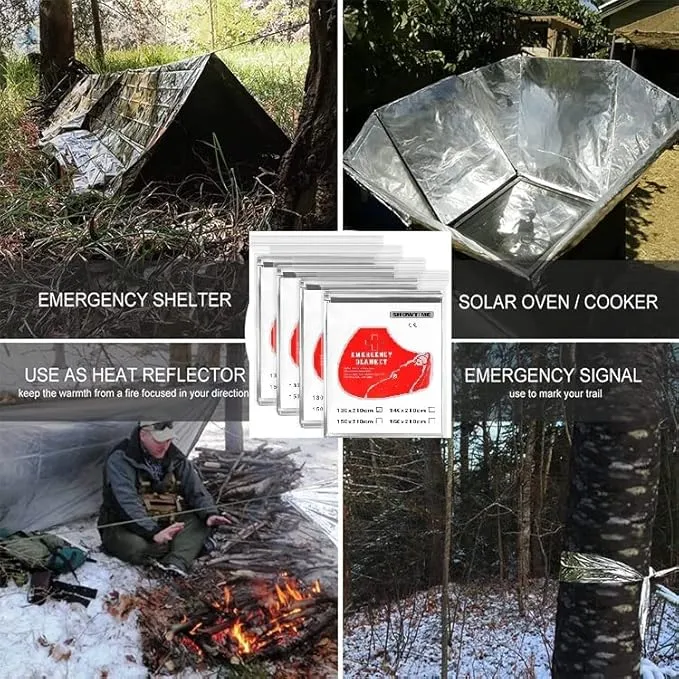 GALAXYLENSE Emergency Mylar Thermal Blanket for Survival First Aid Kits Army Outdoors Hiking Camping Bug Out Trauma Desert All Weather Condition Protection (__4 Packs Silver)