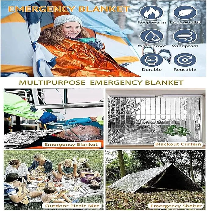 GALAXYLENSE Emergency Mylar Thermal Blanket for Survival First Aid Kits Army Outdoors Hiking Camping Bug Out Trauma Desert All Weather Condition Protection (__4 Packs Silver)
