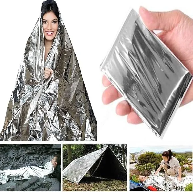 GALAXYLENSE Emergency Mylar Thermal Blanket for Survival First Aid Kits Army Outdoors Hiking Camping Bug Out Trauma Desert All Weather Condition Protection (__4 Packs Silver)