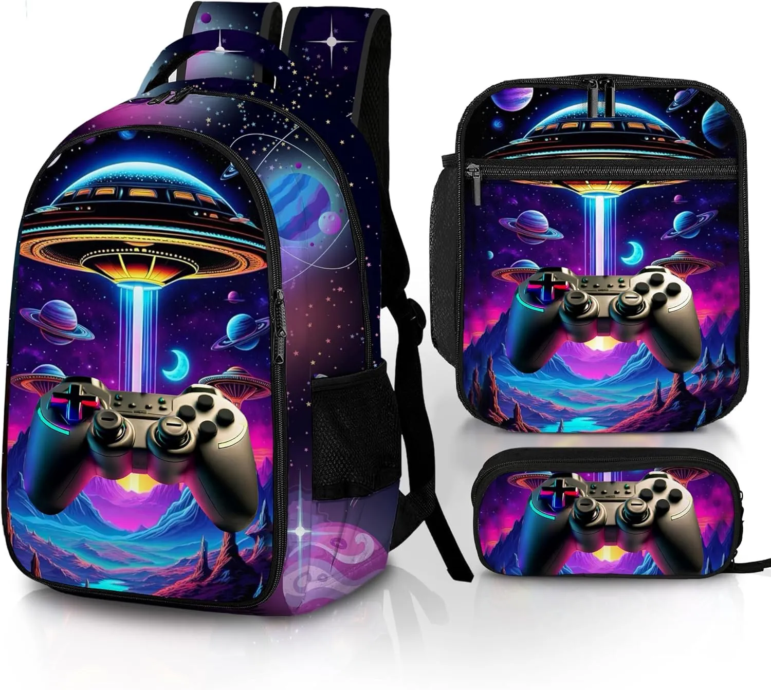 Game Backpack Set for Boys, Gaming Backpack 3 Pack, Boy Backpack Lunch Box, and Pencil Bag for Kids Teens Elementary Middle School， Large Capacity Game School Bag 17" Travel Back Pack