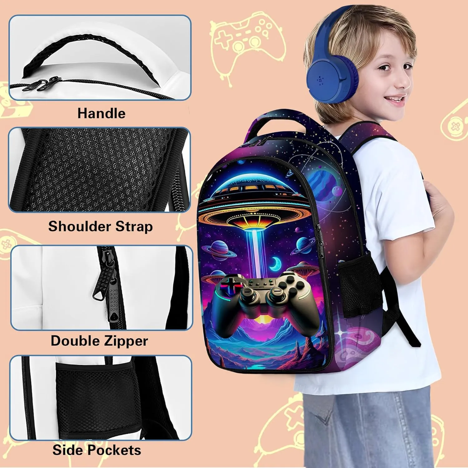 Game Backpack Set for Boys, Gaming Backpack 3 Pack, Boy Backpack Lunch Box, and Pencil Bag for Kids Teens Elementary Middle School， Large Capacity Game School Bag 17" Travel Back Pack