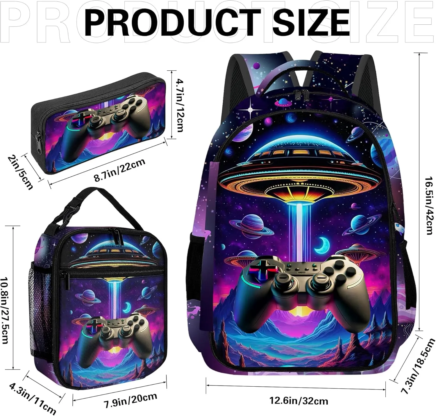 Game Backpack Set for Boys, Gaming Backpack 3 Pack, Boy Backpack Lunch Box, and Pencil Bag for Kids Teens Elementary Middle School， Large Capacity Game School Bag 17" Travel Back Pack