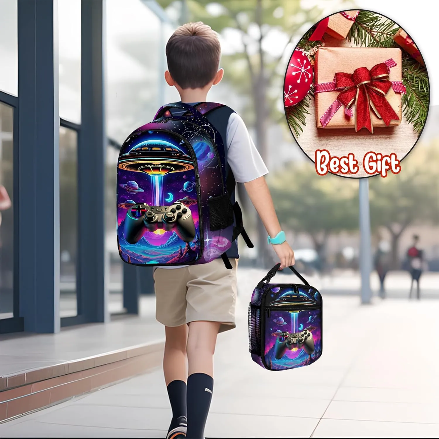 Game Backpack Set for Boys, Gaming Backpack 3 Pack, Boy Backpack Lunch Box, and Pencil Bag for Kids Teens Elementary Middle School， Large Capacity Game School Bag 17" Travel Back Pack