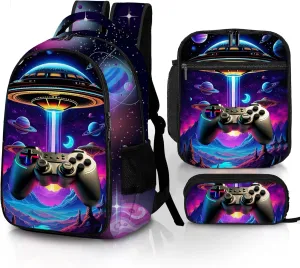 Game Backpack Set for Boys, Gaming Backpack 3 Pack, Boy Backpack Lunch Box, and Pencil Bag for Kids Teens Elementary Middle School， Large Capacity Game School Bag 17" Travel Back Pack