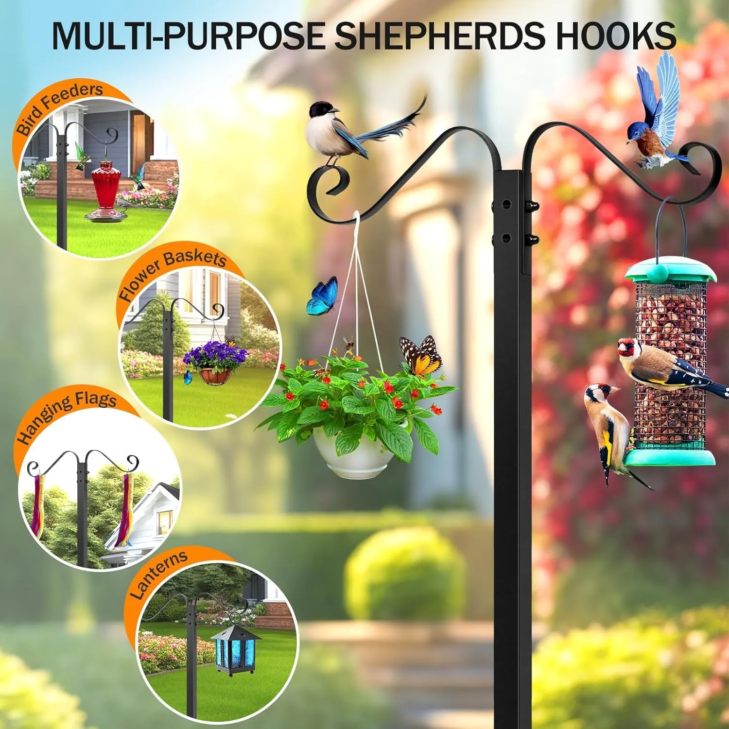 Garden Hose Holder for Outside - Upgraded Water Hose Holders with 5 Spikes & 2 Shepherds Hooks, Freestanding Hose Stand Heavy Duty Hose Hanger Hose Storage Hose Reel Rack for Outside Yard Lawn