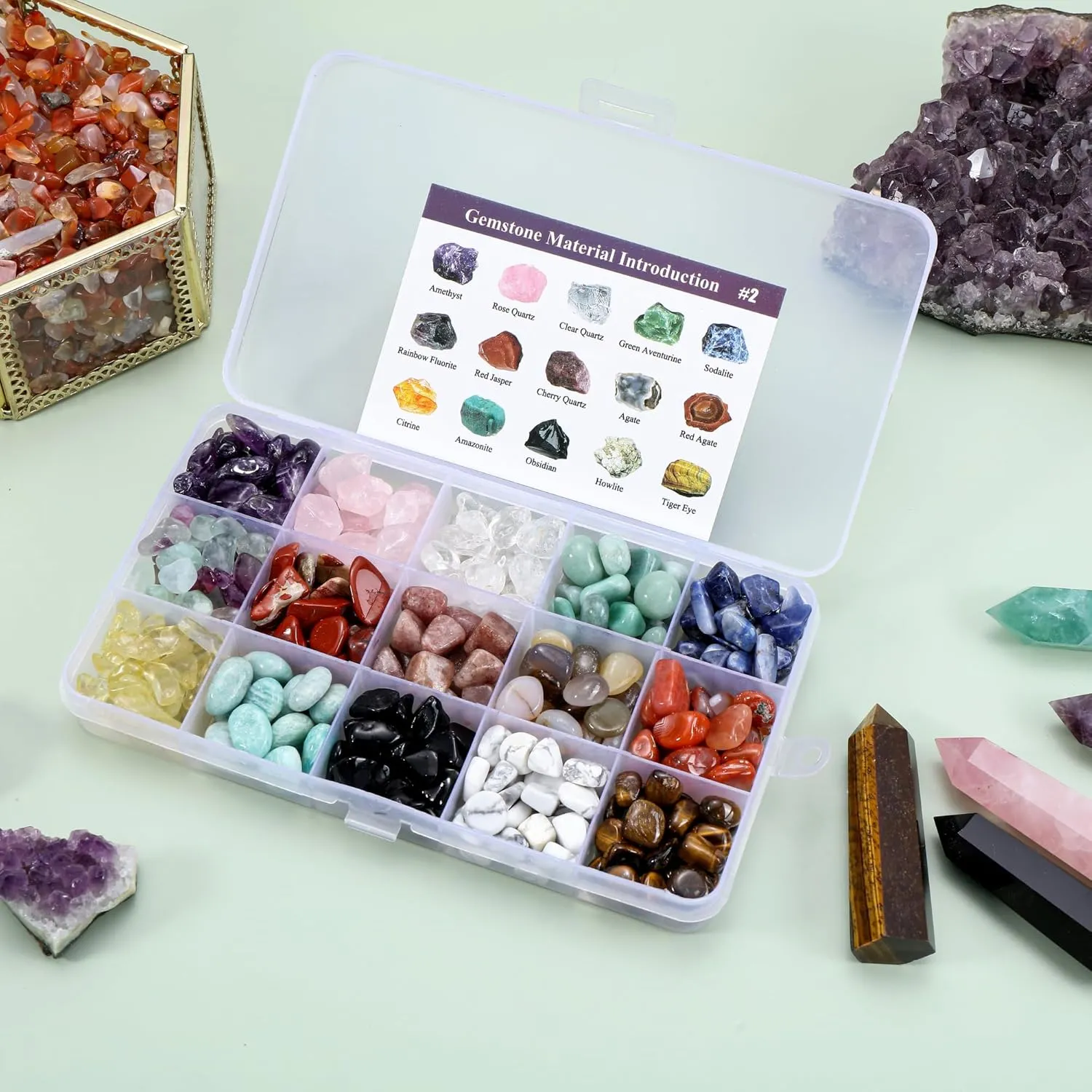 GEHECRST Assorted Healing Crystals Gemstone Box Tumbled Natural Rock Quartz Crystal Stones Chip Bulk for Wicca Reiki Chakra Healing Meditation Home Decor DIY Project Spiritual Crystal Gift Christmas