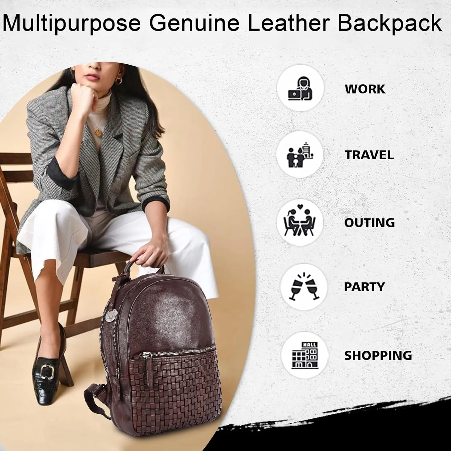 Genuine Leather Backpack for Men, Casual Backpack for Women Office Bag with Adjustable Shoulder Strap (VL-054-BROWN)
