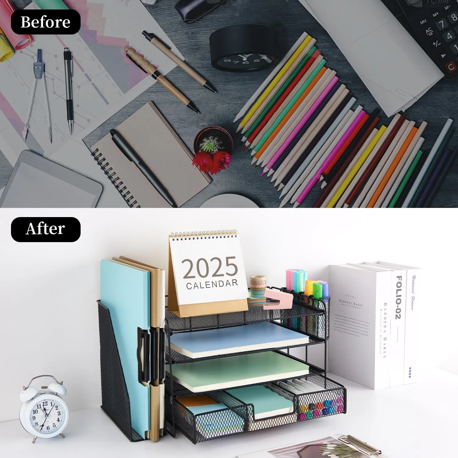 gianotter 4-Tier Desk Organizer with Drawers, File Holders, Letter Trays, and Pen Holders - Workspace Accessories for Office Supplies (Black)