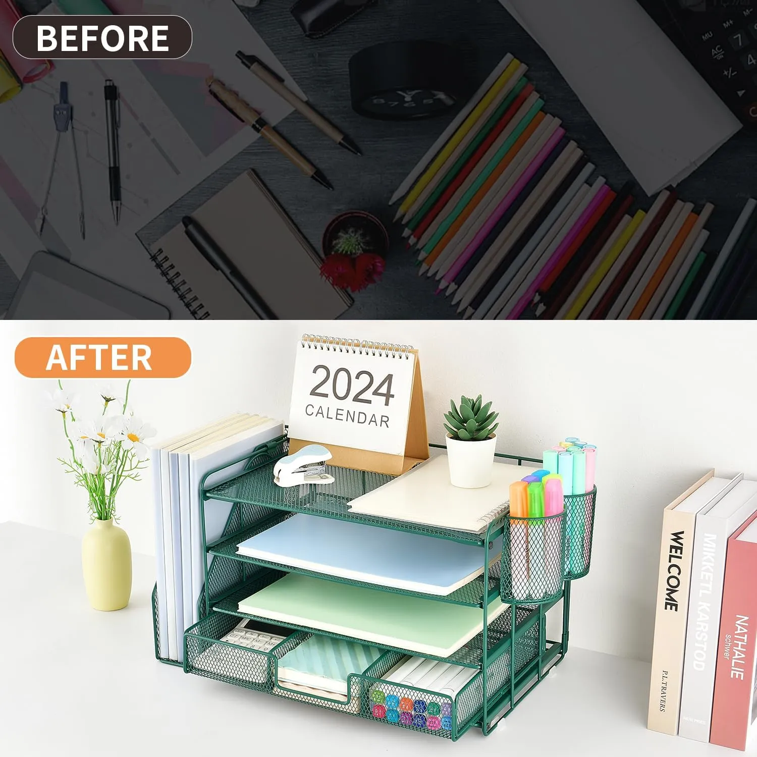 gianotter 4-Tier Desk Organizer with Drawers, File Holders, Letter Trays and Pen Holders - Workspace Accessories for Office Supplies (Green)