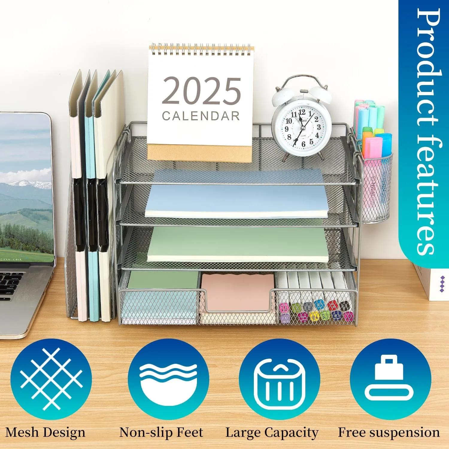 gianotter Paper Organizer with File Holder for Desk, 4 Tier Letter Tray Office Desk Organizers and Accessories - Workspace Drawer 2 Pen Supplies (Grey), Gray, 4T-2