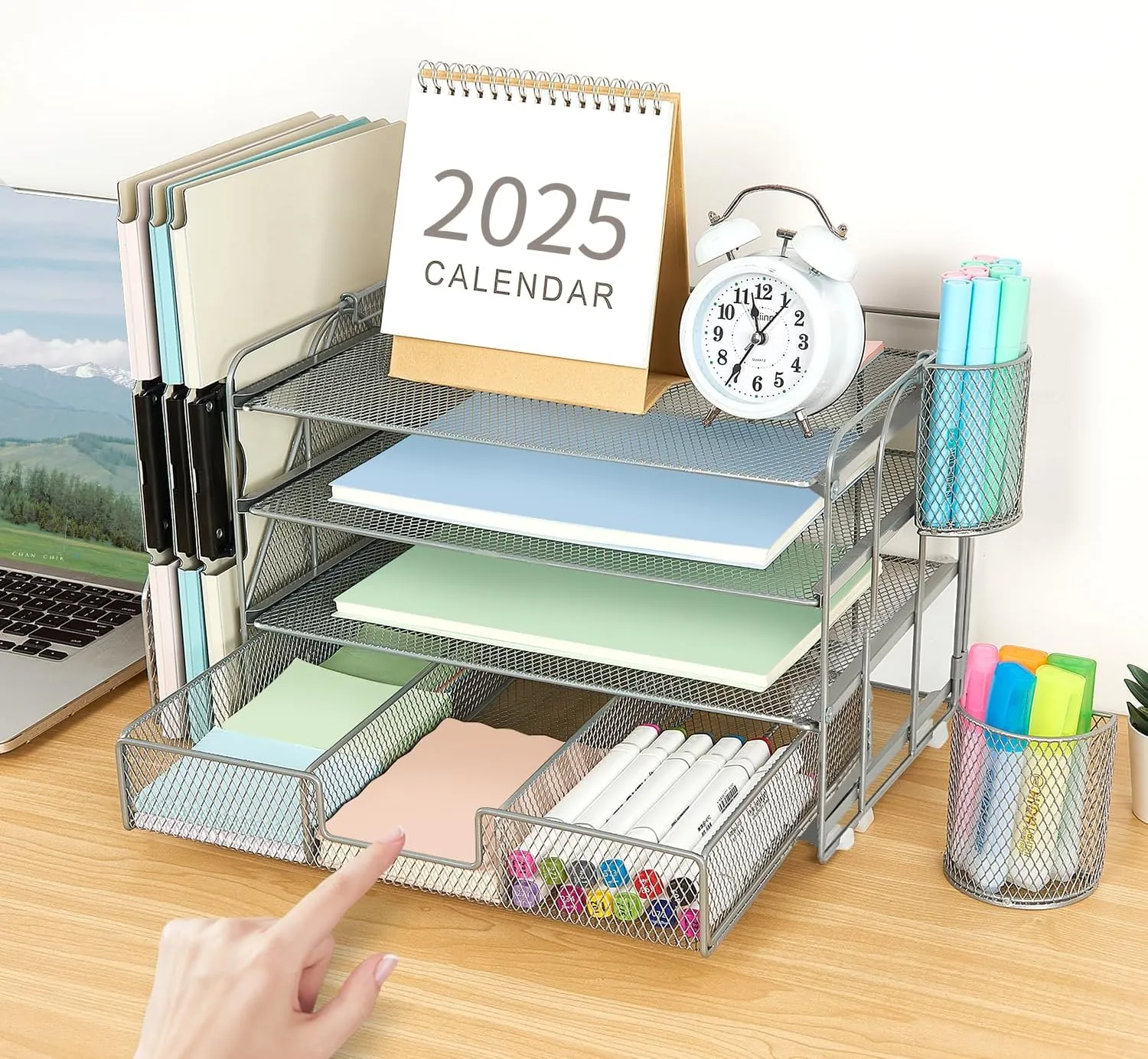 gianotter Paper Organizer with File Holder for Desk, 4 Tier Letter Tray Office Desk Organizers and Accessories - Workspace Drawer 2 Pen Supplies (Grey), Gray, 4T-2