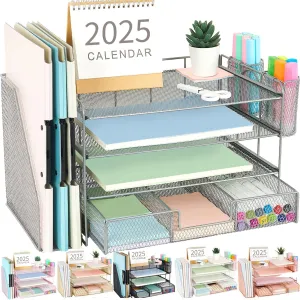 gianotter Paper Organizer with File Holder for Desk, 4 Tier Letter Tray Office Desk Organizers and Accessories - Workspace Drawer 2 Pen Supplies (Grey), Gray, 4T-2