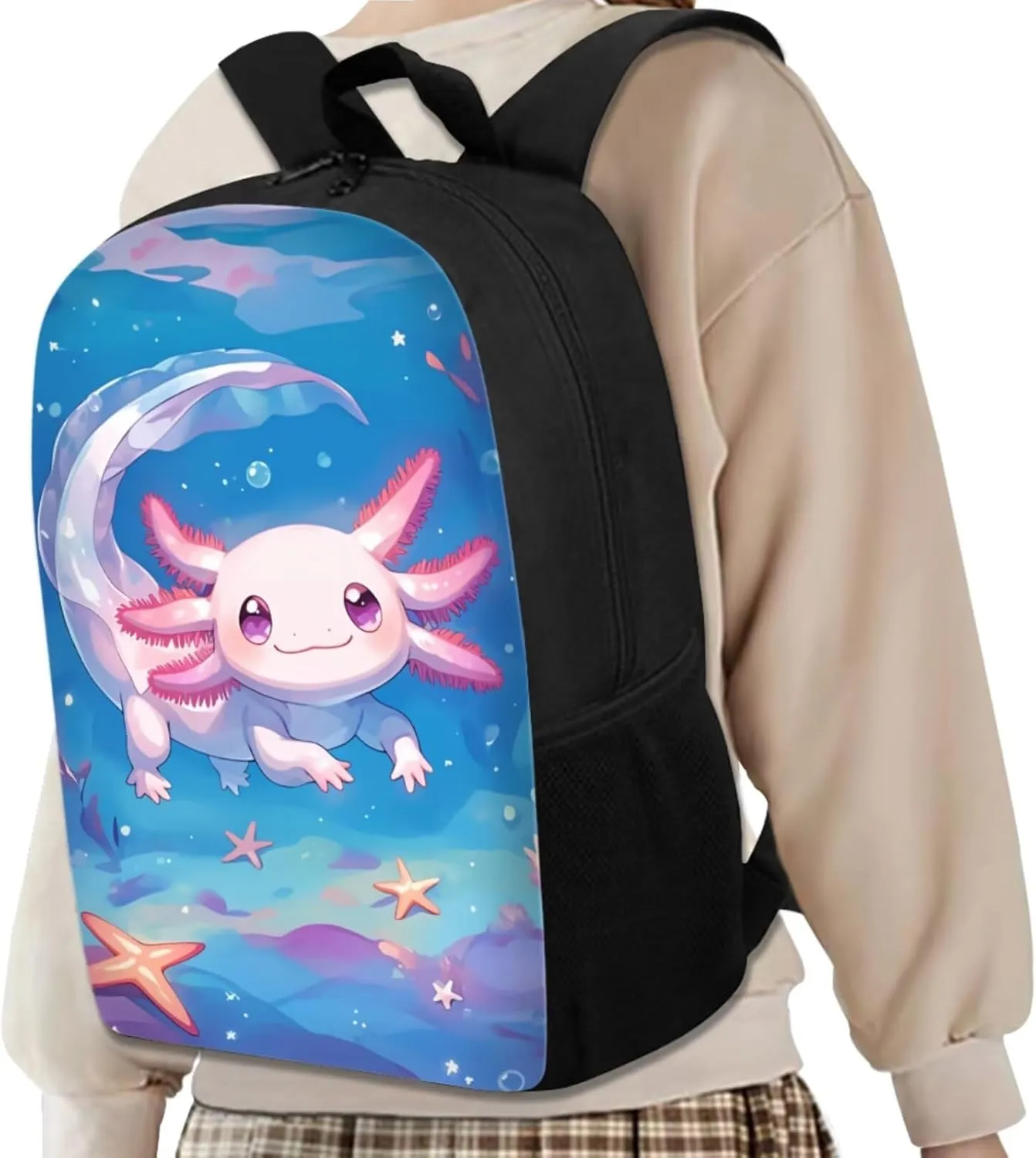 Girls Cute Axolotl School Backpacks Set Kids Cartoon Animal Theme School Bag Set with Lunch Box Pencil Case Bottle Sleeve Preschool Kindergarten Elementary Bookbag Lightweight Daypack