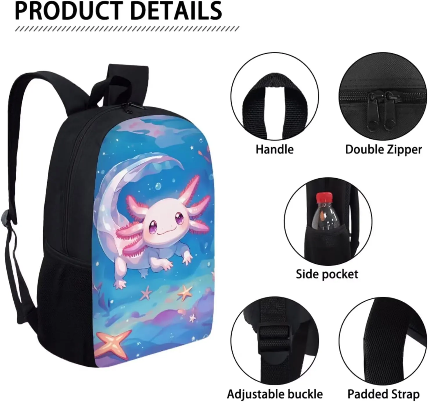 Girls Cute Axolotl School Backpacks Set Kids Cartoon Animal Theme School Bag Set with Lunch Box Pencil Case Bottle Sleeve Preschool Kindergarten Elementary Bookbag Lightweight Daypack