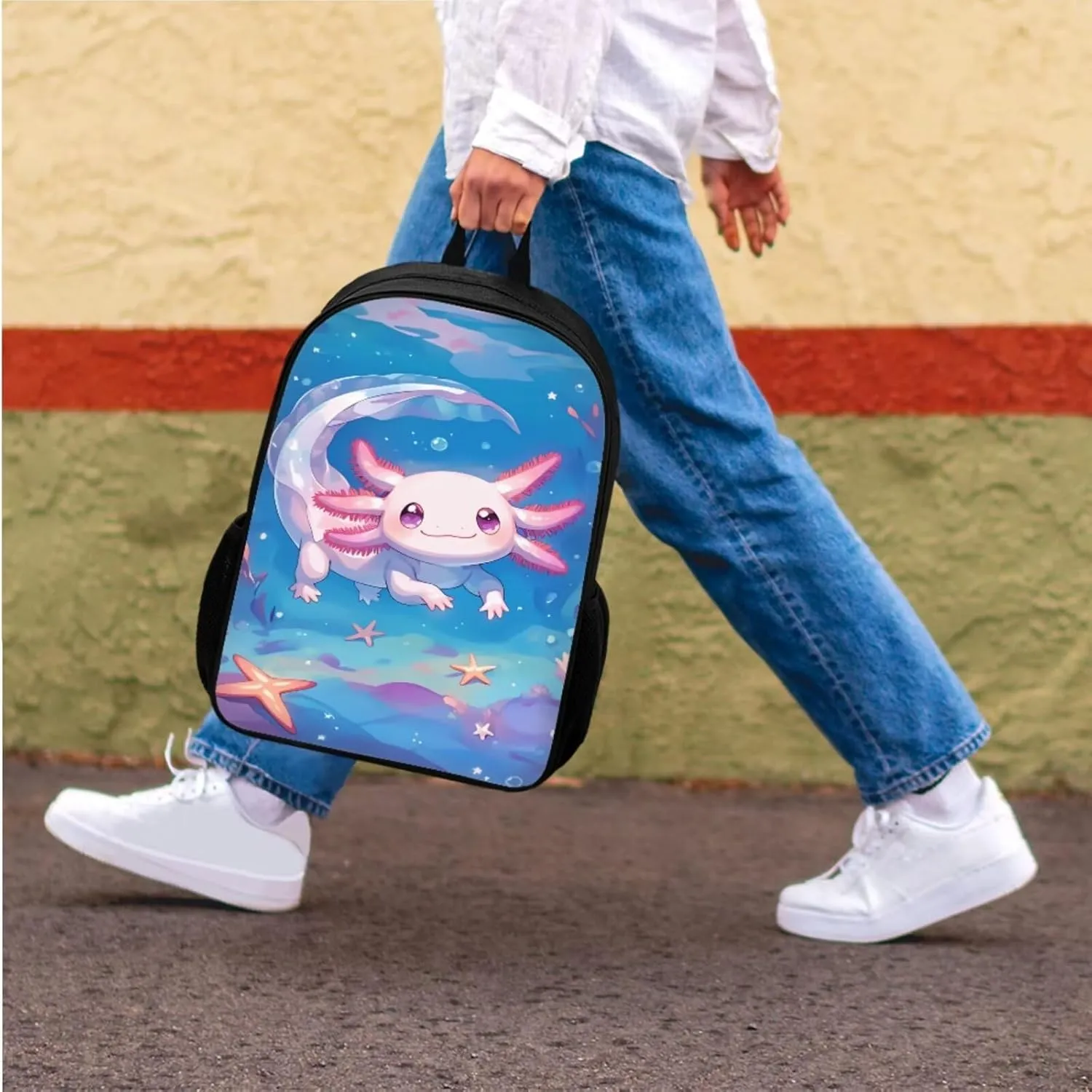 Girls Cute Axolotl School Backpacks Set Kids Cartoon Animal Theme School Bag Set with Lunch Box Pencil Case Bottle Sleeve Preschool Kindergarten Elementary Bookbag Lightweight Daypack