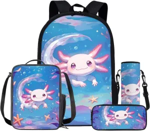 Girls Cute Axolotl School Backpacks Set Kids Cartoon Animal Theme School Bag Set with Lunch Box Pencil Case Bottle Sleeve Preschool Kindergarten Elementary Bookbag Lightweight Daypack