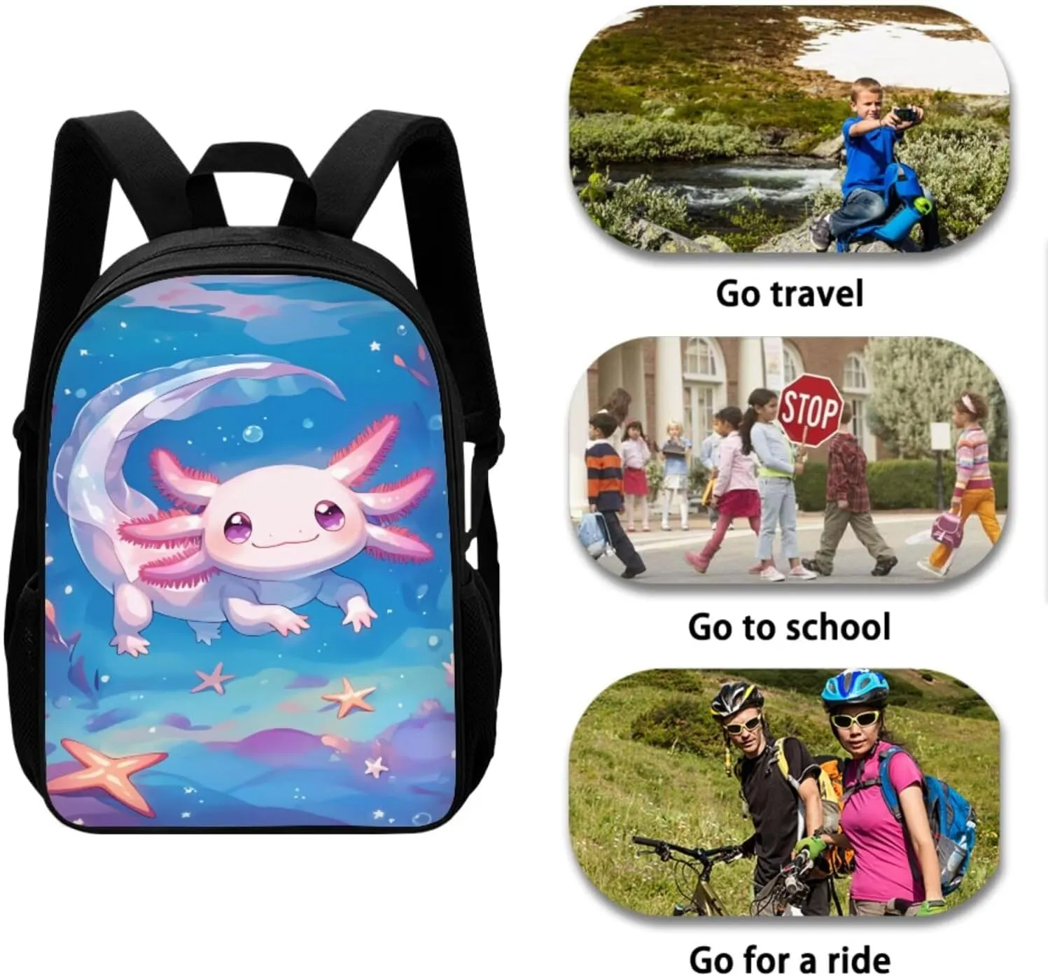 Girls Cute Axolotl School Backpacks Set Kids Cartoon Animal Theme School Bag Set with Lunch Box Pencil Case Bottle Sleeve Preschool Kindergarten Elementary Bookbag Lightweight Daypack