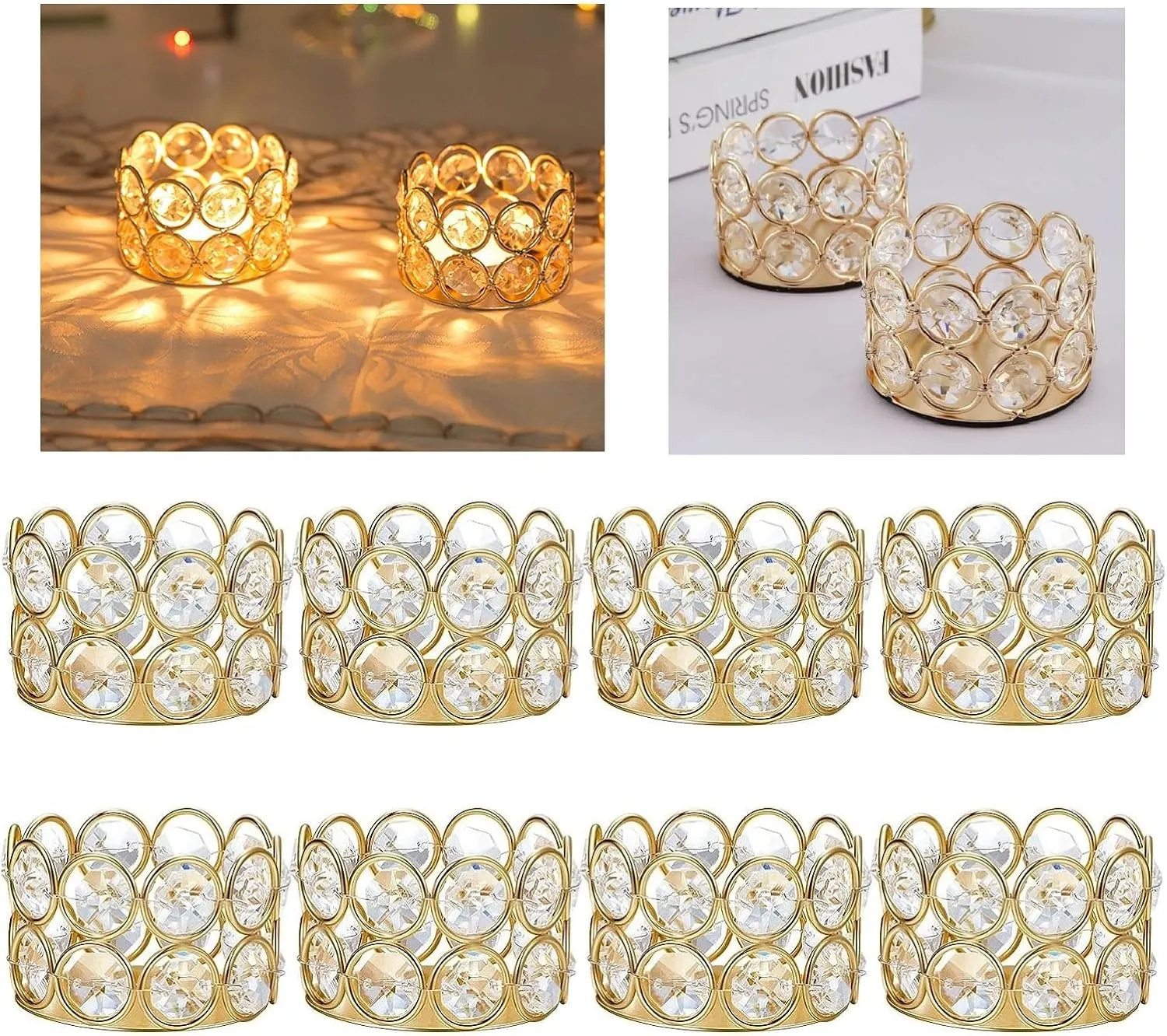 Gold Crystal Tea Light Candle Holders Bowl Tealight Candle Holders, Decorative Cylinder Diamond Votive Candle Stand Table Centerpieces Wedding, Party, Home Decoration